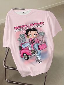 Betty Boop x SHEIN 大尺碼卡通印花圓領短袖時尚T恤秋季上衣 - 白色 - 查看 1