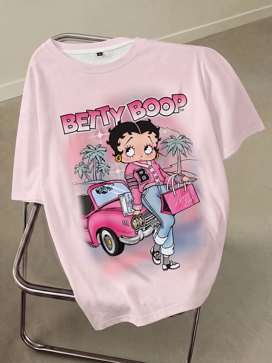 Betty Boop x SHEIN 大尺碼卡通印花圓領短袖時尚T恤秋季上衣 - 白色 - 查看 1