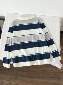 SHEIN Mirajuku 男童拼色條紋長袖POLO衫 大童休閒學院風翻領套頭上衣 秋季服飾 秋季風格 黑色上衣 - 彩色 - 查看 2