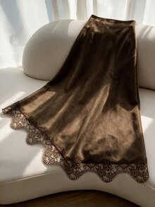 Modelyn Women's Brown Woven Lace Patchwork Asymmetrical Hem Lace Trim Elegant Skirt - Brown - View 7