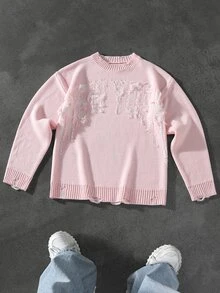 Manfinity Roghcode Men's Plus Size Distressed Long Sleeve Sweater, Casual Design - Pink - View 1