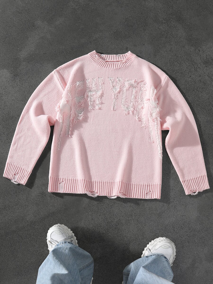 Manfinity Roghcode Men's Plus Size Distressed Long Sleeve Sweater, Casual Design - Pink - View 1