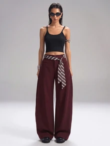 SHEIN EZwear 酒紅色大尺碼女款寬腿寬鬆休閒西裝長褲 - 酒紅色 - 查看 8