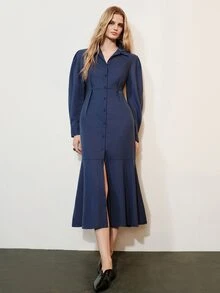 Aveloria Modichic Gaun Panjang Kasual Wanita Warna Polos untuk Sehari-hari di Musim Panas - Navy Blue - View 5