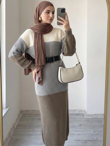 Solavon فستان نسائي بألوان متباينة وياقة عالية من الصوف المحبوك المضلع، فستان صوف فضفاض طويل للخريف/الشتاء - متعدد الألوان - مشاهدة 4
