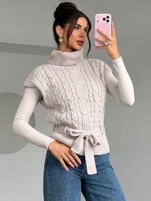 Firerie Women's Cable Knit High Neck Knotted Waist Casual Vest - Apricot - View 3