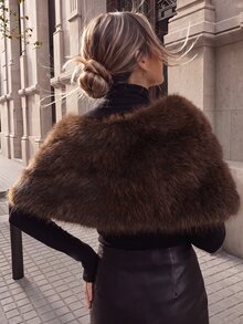 SHEIN Winter Faux Fox Fur Shawl Style Coat - Coffee Brown - View 3