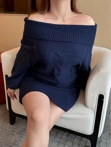 Vibekara Women's Plus Size Casual Collared Off-Shoulder Twisted Rope Raglan Sleeve Long Sleeve Sweater Dress - Navy Blue - View 3