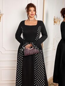 Modelyn Plus Size Women's Fashion Elegant X-Silhouette Square Neck Long Sleeve Polka Dot Patchwork Autumn Long Dress - Black - View 7