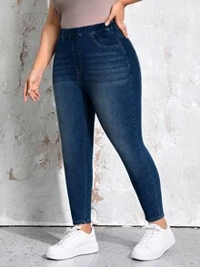 EMERY ROSE Plus Size Fashion Versatile Pocket Elastic Waist Denim Jeans - Dark Wash - View 4