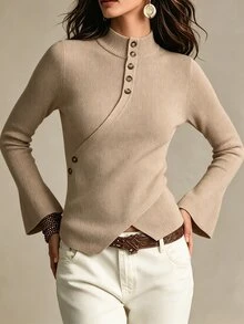 SHEIN كنزة نسائية بلون موحد كاجوال متعددة الاستخدامات للارتداء اليومي بأكمام طويلة - بني فاتح - مشاهدة 4
