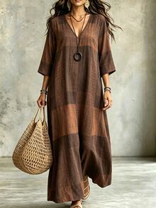 Linhara CURVE Plus Size Women's Autumn Coffee Color Geometric Print V-Neck Long Sleeve Loose Slimming Holiday Dress Fall - Multicolor - View 1