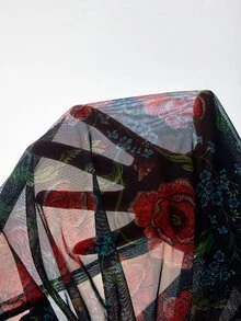 JIAN LASALA Gaun Panjang Bermotif Bunga Jala dengan Leher V dan Lapisan Ruffle Ganda di Bagian Bawah, Gaun Liburan Elegan - MultiWarna - View 7