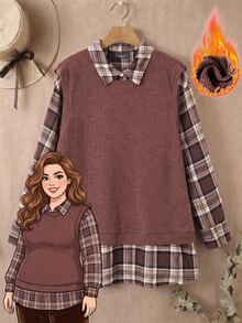 Rusticease Plus Size Vintage Elegant Casual 90s Kawaii Plaid Patchwork Long Sleeve 2 In 1 Shirt Autumn Thanksgiving Teacher Birthday Formal Graduation Brown - Brown - View 1