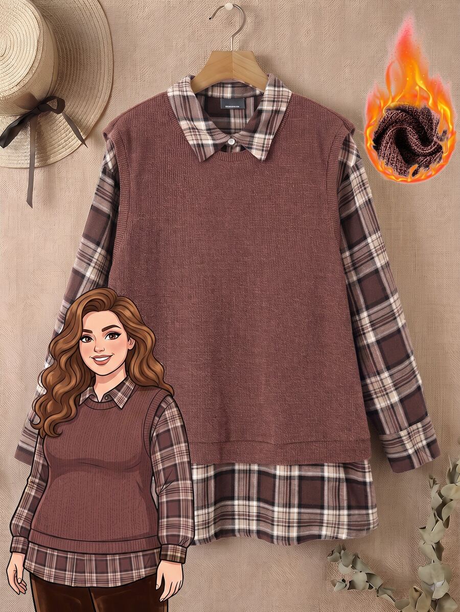 Rusticease Plus Size Vintage Elegant Casual 90s Kawaii Plaid Patchwork Long Sleeve 2 In 1 Shirt Autumn Thanksgiving Teacher Birthday Formal Graduation Brown - Brown - View 1