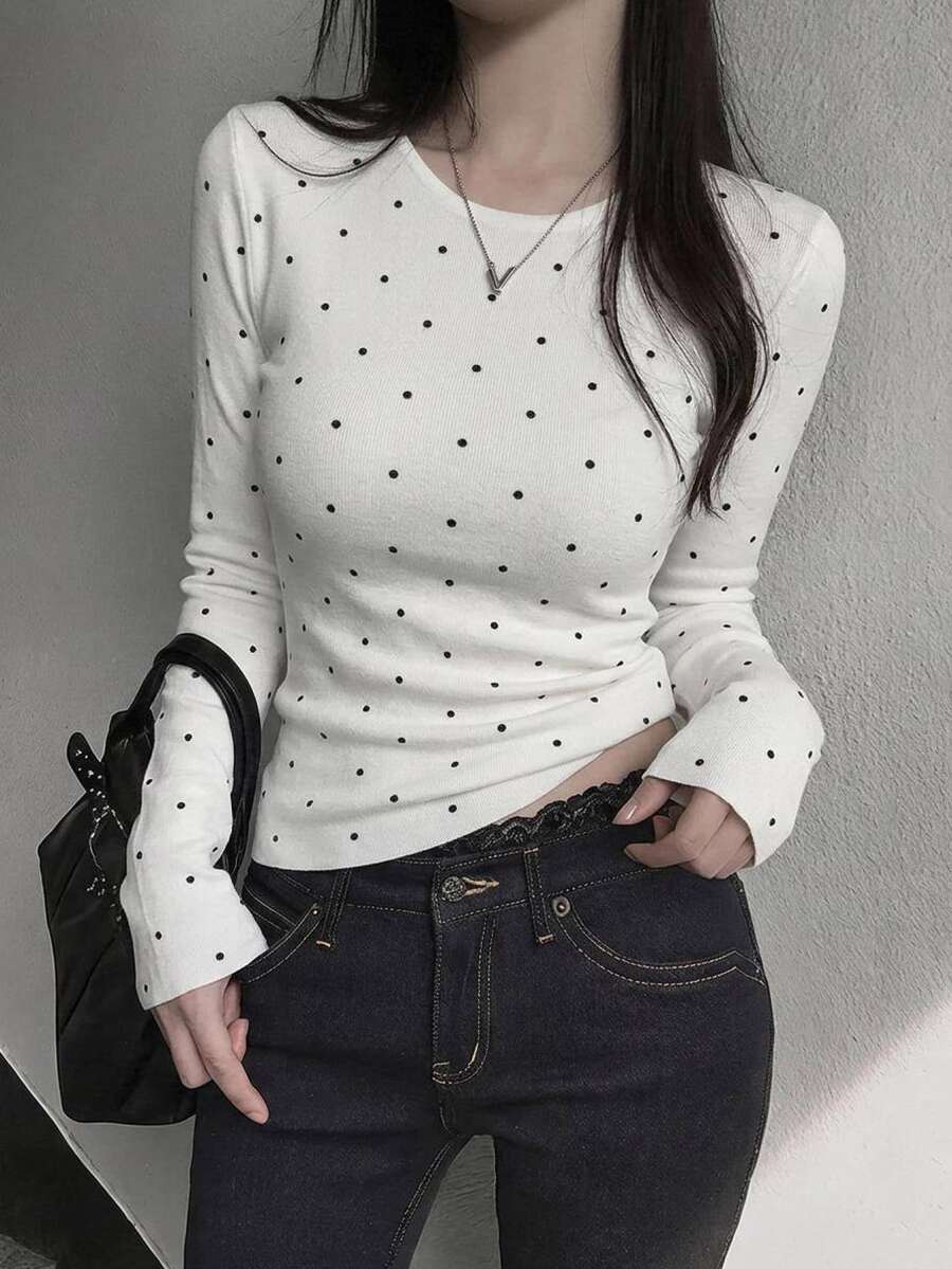 DAZY 女款波點圖案長袖商務休閒套頭毛衣 - 黑與白 - 查看 1