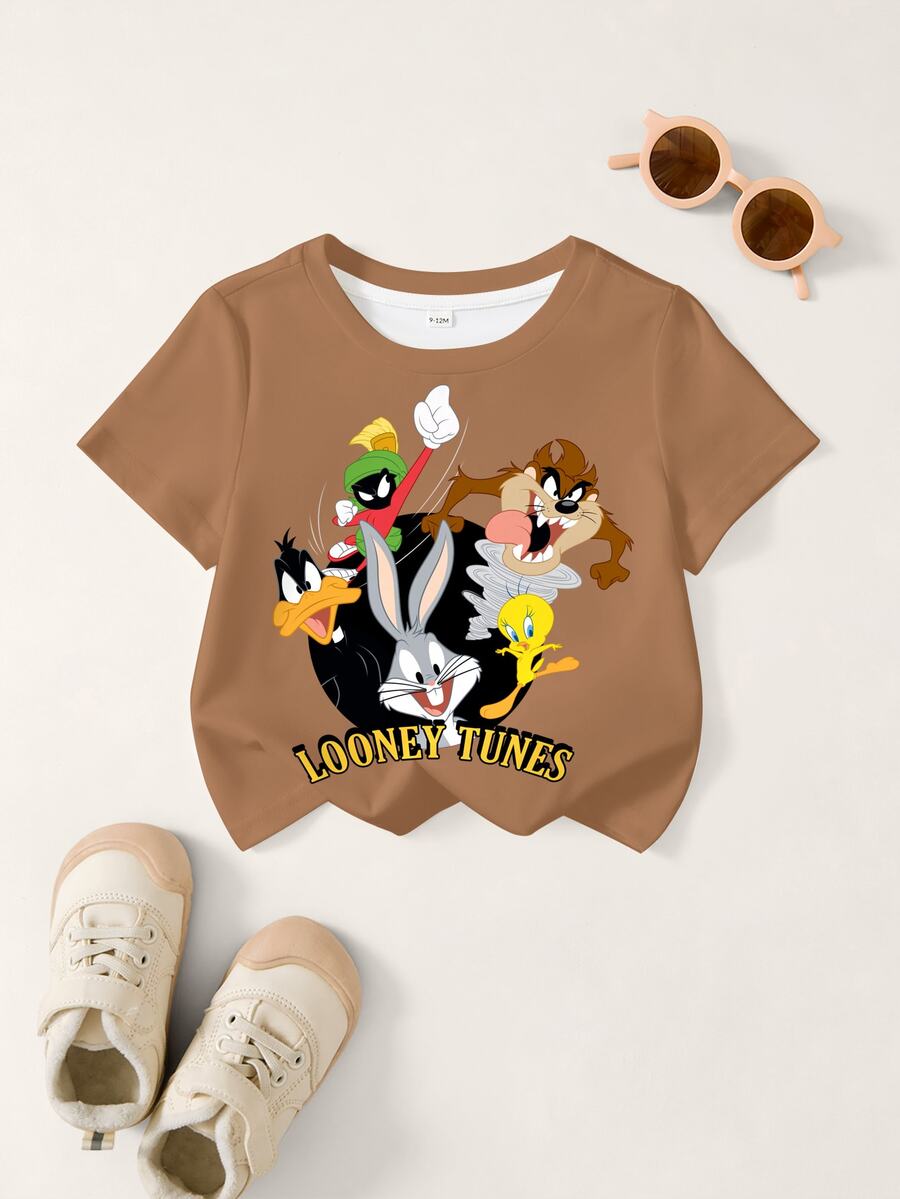 LOONEY TUNES X SHEIN Baby Boy Letter Cartoon Print Casual Daily Short Sleeve Top - White - View 1