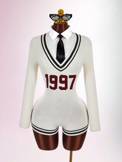 Amplova Women's Colorblock 1997 Number Retro Y2K Sexy Preppy V-Neck Cinched Waist Super Short Crochet Handmade Mini Jumpsuit, Suitable For Autumn/Winter Retro Back To School Outfit
