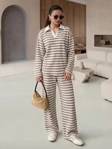 Mulvari Women's Striped Colorblock Long Sleeve Top And Pants Casual Daily Set - Apricot - View 4