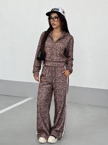 StreetHx Women's Autumn/Winter Leopard Print Fashion Loose Hooded Sweatshirt Jacket - Brown - View 2