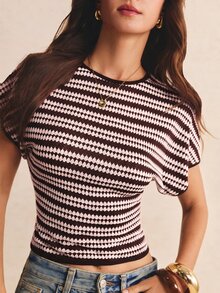 Poéselle 女款夏季休閒條紋蝙蝠袖收腰T恤 - 酒紅色 - 查看 4