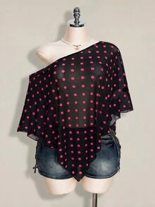 SHEIN ICON 女款大尺碼性感波點不對稱下擺網紗上衣 - 彩色 - 查看 1