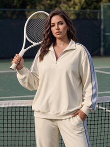 EMERY ROSE Plus Size Zip-Up Half-Placket Long Sleeve Sweatshirt And Striped Colorblock Pants With Pockets 2 Pieces Set - Beige - View 3