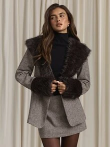 Aloruh Women's Elegant Business Commute Long Sleeve Blazer + Mini Skirt Old Money Style Faux Fur Patchwork Suit 2 Pieces Set - Coffee Brown - View 1