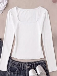 SHEIN Tween Girl 女童長袖T恤，彈性領口修身剪裁，簡約百搭舒適款 - 白色 - 查看 5
