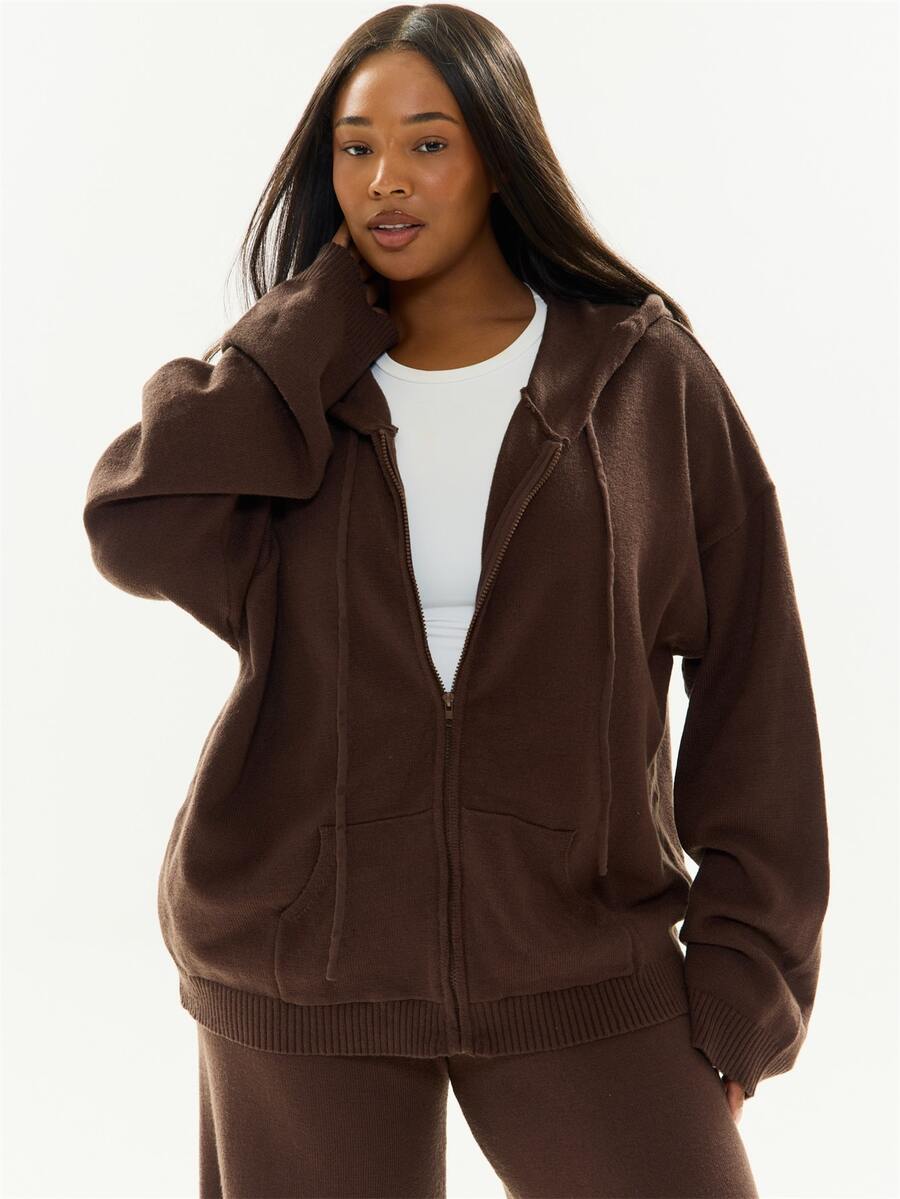 MUSERA Brown Ribbed Zip Up Hoodie Cardigan Sweater Casual Cool Basic Fall Knitwear Winter Autumn - Brown - View 1