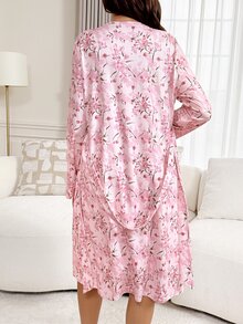 Slowluna Maternity Nursing Lace Camisole Dress With Floral Print Long Sleeve Cardigan 2 Pieces Set - Pink - View 2