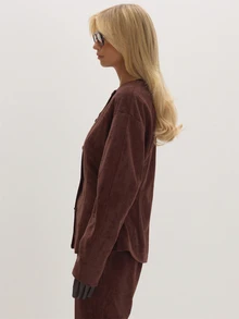 MUSEYN Brown Suede Cinched Blazer Timeless Date Night Tailored Office New Season Fall - Olive Green - View 3