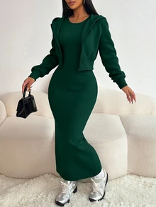 SHEIN Raffinéa 2件組休閒連帽拉鍊外套，收腰設計，搭配彈性針織露背洋裝，保暖內裡 - 墨綠色 - 查看 5