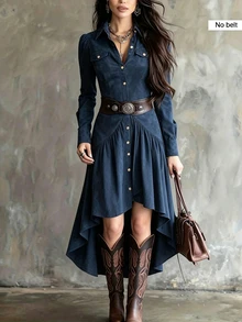 LUMIGAL Gaun Midi A-Line Vintage, Desain Kerah Tegak - Potongan A-Line yang Melangsingkan, Gaun Warna Polos, Cocok untuk Dipakai di Musim Semi dan Gugur, Acara Kasual dan Semi-Formal - Navy Blue - View 1