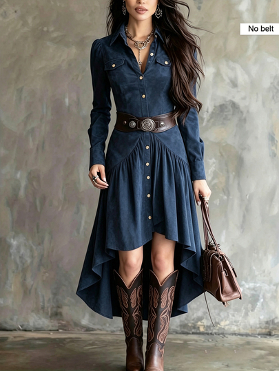 LUMIGAL Gaun Midi A-Line Vintage Retro Gaya Barat, Kerah Tegak Potongan Melangsingkan, Ruffle, Warna Polos, Musim Semi Musim Gugur, Kasual Semi-Formal untuk Sehari-hari dan Pergi Keluar, Navy
