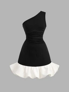 Pitira Tween Girl Tween Girls Elegant Party Black & White Colorblock One Shoulder Puff Hem Mini Dress - Black and White - View 3