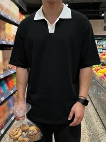 DAZY 男士短袖 Polo 衫 黑白對比色羅紋領通勤 T 恤 - 黑色 - 查看 9
