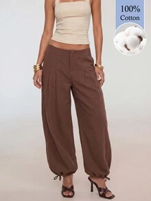Avantive Women's Casual Commute Solid Color Lantern Pants (100% Cotton) - Brown - View 6