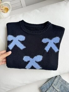 (Gadis Remaja) Sweater Musim Gugur/Dingin Pita Jacquard Serbaguna Kasual Hangat Lembut Nyaman Ramah Kulit - Hitam - View 5