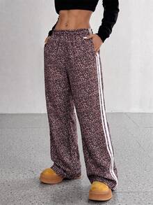 StreetHx Women's Fashion Casual Leopard Print Webbing Patchwork Autumn/Winter Sports Long Pants - Brown - View 4