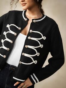 Nubod Fashion Retro Gold Button Black & White Contrast Knit Cardigan Plus Size Winter - Black - View 1