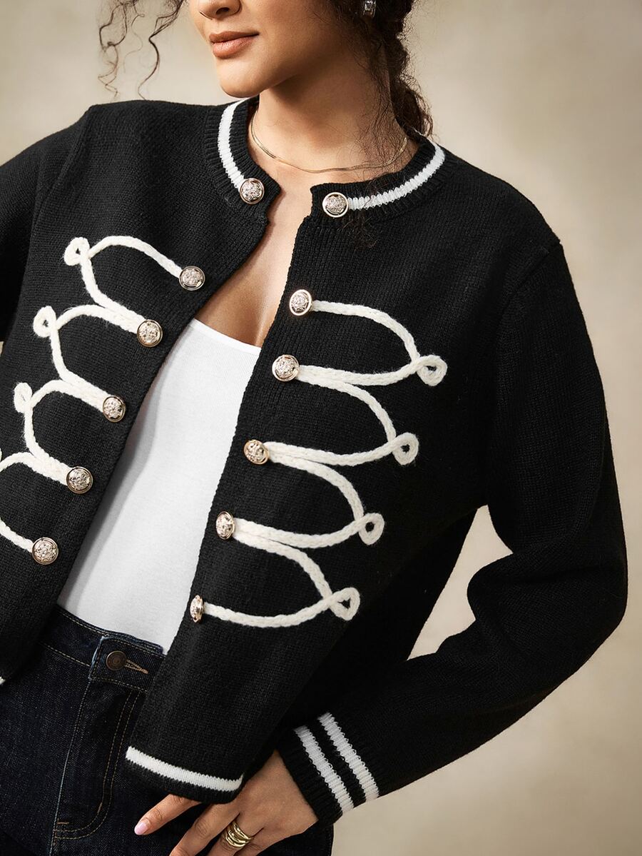 Nubod Fashion Retro Gold Button Black & White Contrast Knit Cardigan Plus Size Winter - Black - View 1