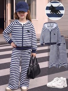 SHEIN 女童針織條紋圖案T卹套裝，秋季款，連帽拉鍊外套和寬鬆闊腿長褲套裝，條紋，藍色 - 黑與白 - 查看 5