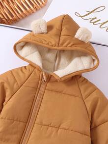 SHEIN Newborn Thermal Lined Quilted Thick Hooded Jacket With 3D Ear Decor, Cute Front Zipper, Suitable For Winter - Khaki - View 3