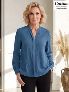 Miaspire Middle-Aged Women Casual Commute Solid Color Top - Dusty Blue - View 6