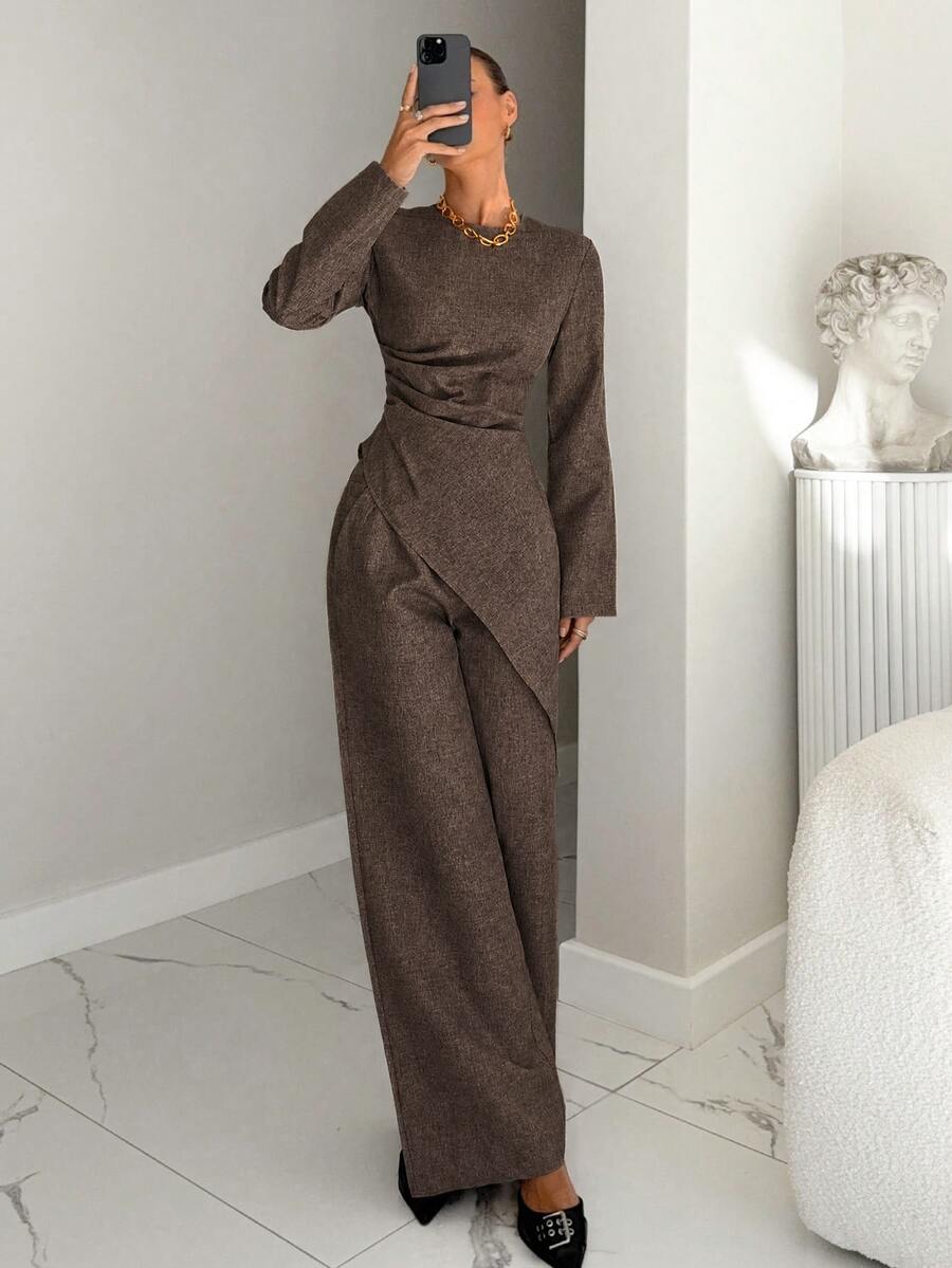 Siren Gaze Women's Solid Color Asymmetrical Pleated Shirt And Pants Set, 2 Pieces Outfit - Coffee Brown - View 1