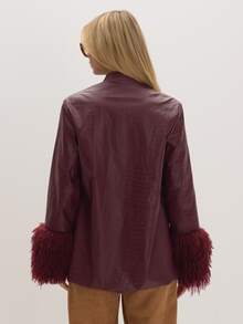 MUSEYN Burgundy PU Fur Cuff Knot Tie Detail Jacket Versatile Everyday Casual Fall - Burgundy - View 4