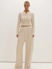 MUSEYN Cream Woven Asymmetric Pleated Barrel Leg Trousers Timeless Date Night Tailored Office New Season Fall - Cream - View 1