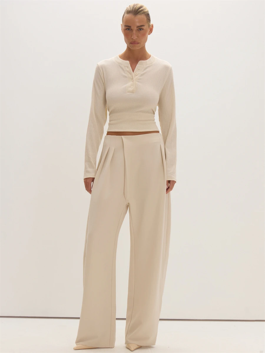 MUSEYN Cream Woven Asymmetric Pleated Barrel Leg Trousers Timeless Date Night Tailored Office New Season Fall - Cream - View 1
