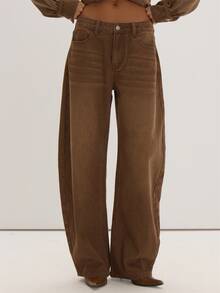 MUSEYN Brown Washed Denim Barrel Leg Jeans Timeless Date Night Tailored Casual Everyday New Season Fall - Brown - View 2